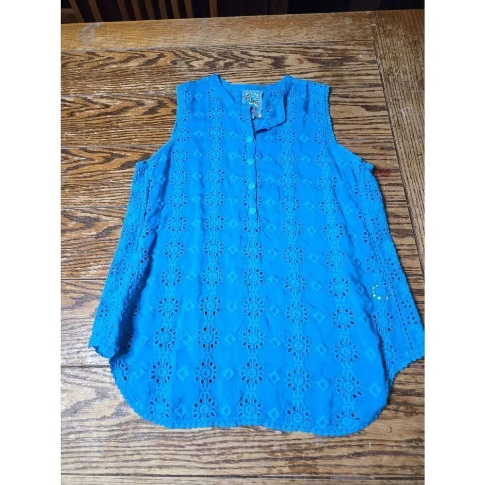 Johnny Was blue sleeveless eyelet top sz XS